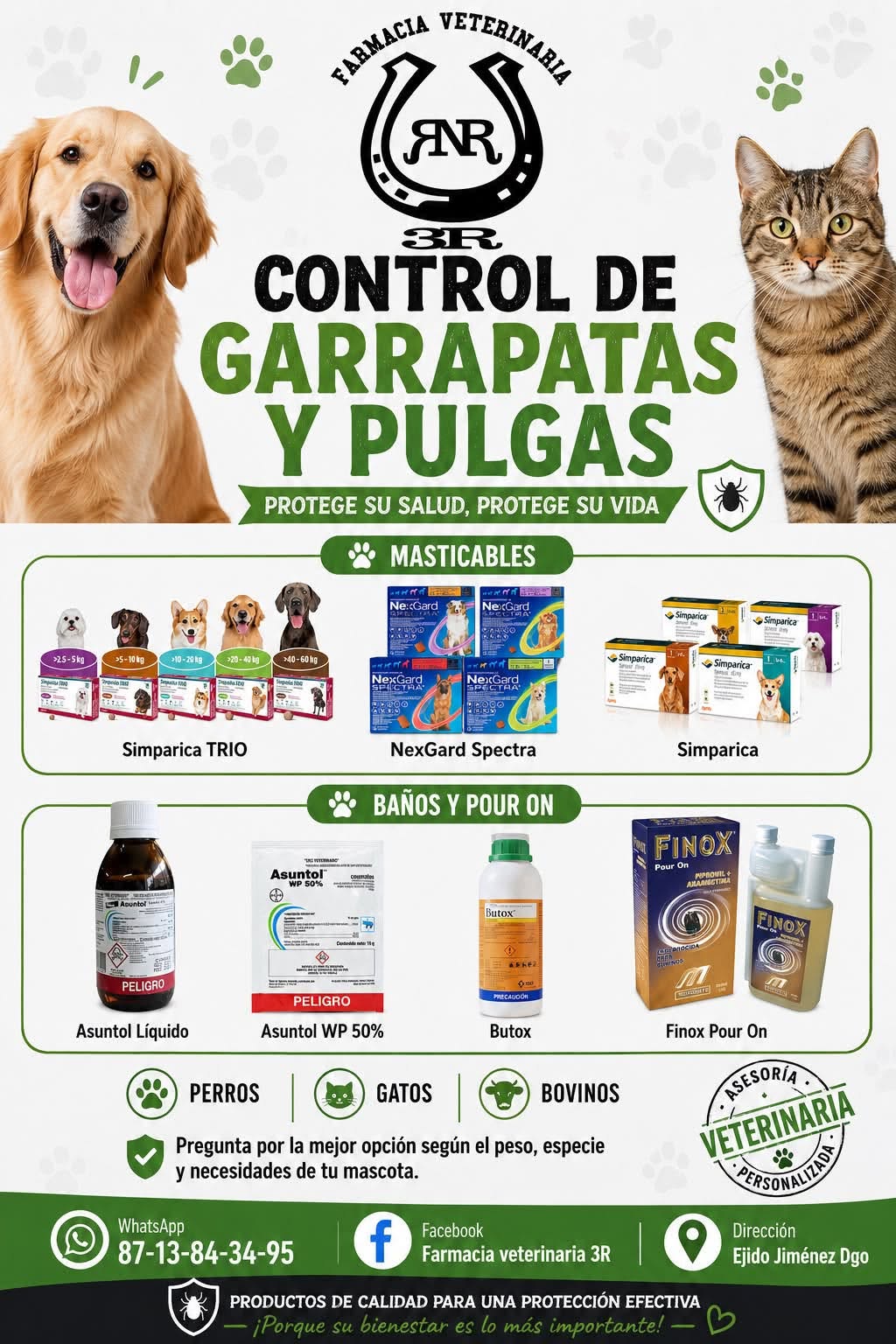 Productos para control de garrapatas y pulgas: masticables, baños y pour on para perros, gatos y bovinos